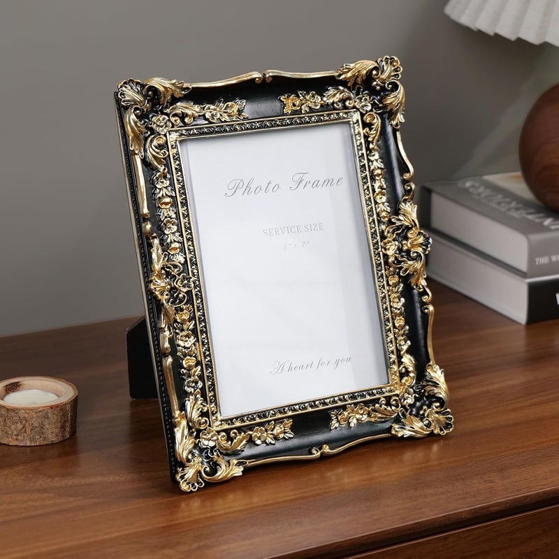 Cuspin 5x7 Picture Frame Black and Gold Frames, Vintage Baroque Handcrafted Resin Frames with Glass Front, Ornate Textured Design Decorative Picture Frame for Tabletop & Wall Display - Image 3