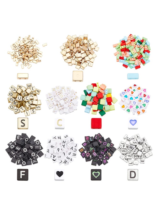 706pcs 2 Hole Seed Beads, 11 Styles 4~9 x 8.5~9mm, Acrylic Alphabet Beads, Heart Cube Spacer Beads for Multi Strand Bracelet Making and DIY Crafts, Hole: 1.2~1.4mm  - Image 1