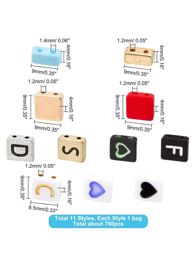 706pcs 2 Hole Seed Beads, 11 Styles 4~9 x 8.5~9mm, Acrylic Alphabet Beads, Heart Cube Spacer Beads for Multi Strand Bracelet Making and DIY Crafts, Hole: 1.2~1.4mm  - Image 2
