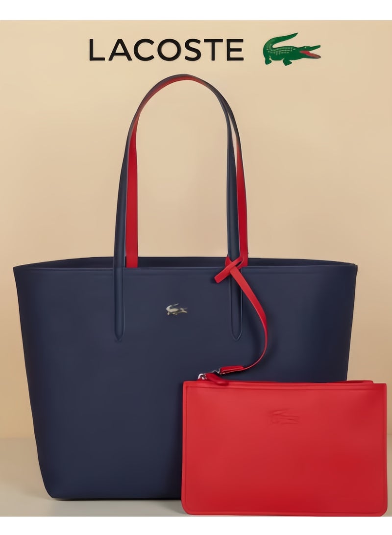 لاكوست Lacoste Women's Double sided Two tone Large Capacity Handbag, Fashionable Multi functional, Drak Blue and Red - Image 1