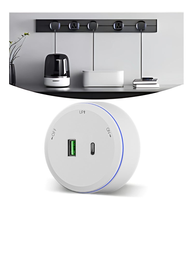 إسبانيا منفذ شحن USB A + C متعدد الوظائف مقبس كهربائي متنقل باللون الأبيض مع حلقة LED زرقاء - Image 1