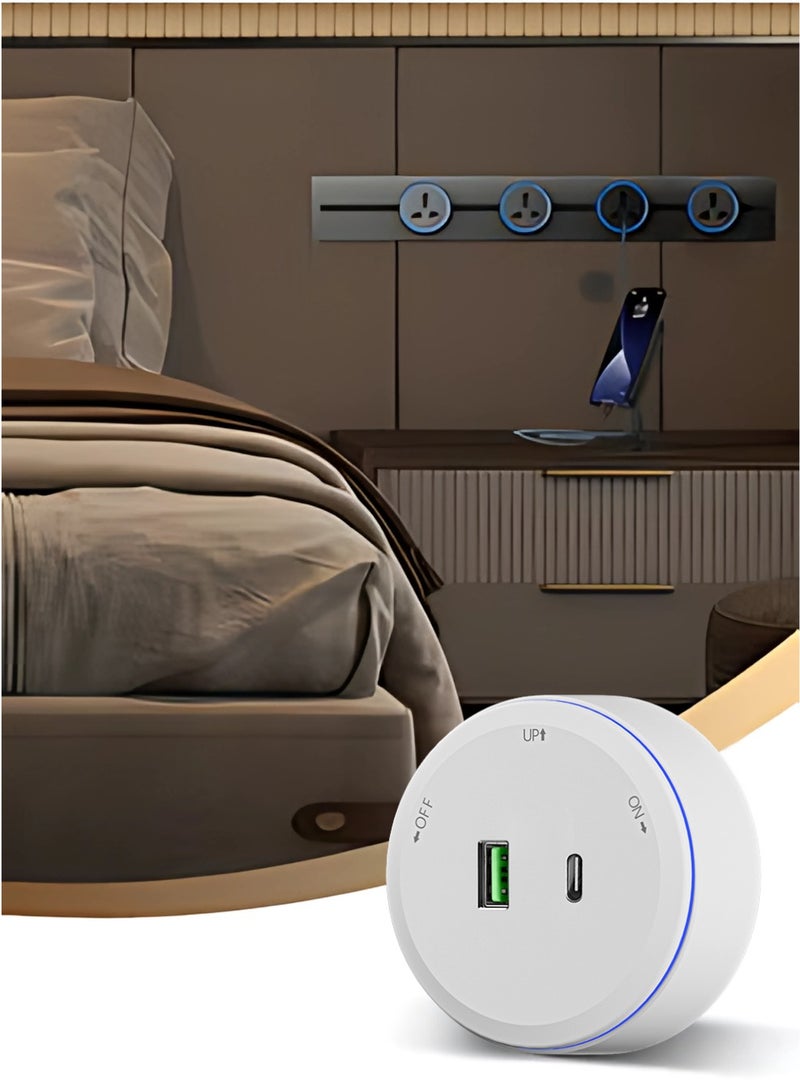 إسبانيا منفذ شحن USB A + C متعدد الوظائف مقبس كهربائي متنقل باللون الأبيض مع حلقة LED زرقاء - Image 3