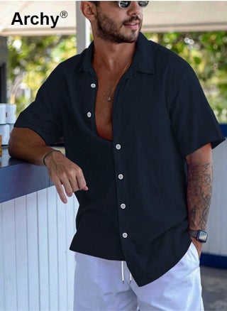 Men's Solid Color Short Sleeve Casual Shirt Summer Men's Cotton Linen Shirts Button Down Tropical Holiday Beach Hawaiian Shirts for Men - pzsku/Z8123B8C67CB760E5D0CEZ/45/_/1738907970/10ec744a-322d-4b48-86f3-abe584fef28e