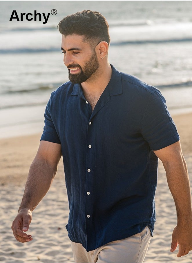 Archy Men's Solid Color Short Sleeve Casual Shirt Summer Men's Cotton Linen Shirts Button Down Tropical Holiday Beach Hawaiian Shirts for Men  - Image 2