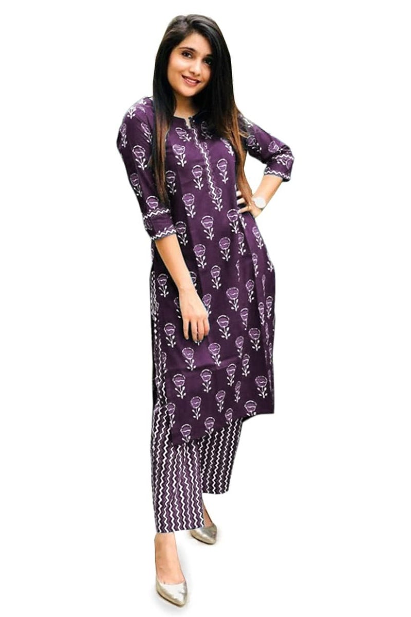LookMark Women's Printed Cotton Blend Straight Kurta Pant Set - Elegant Ethnic Wear Ensemble for Modern Women, Perfect for Any Occasion (AZ-LM-OG-KS2115-S) Wine - Image 1