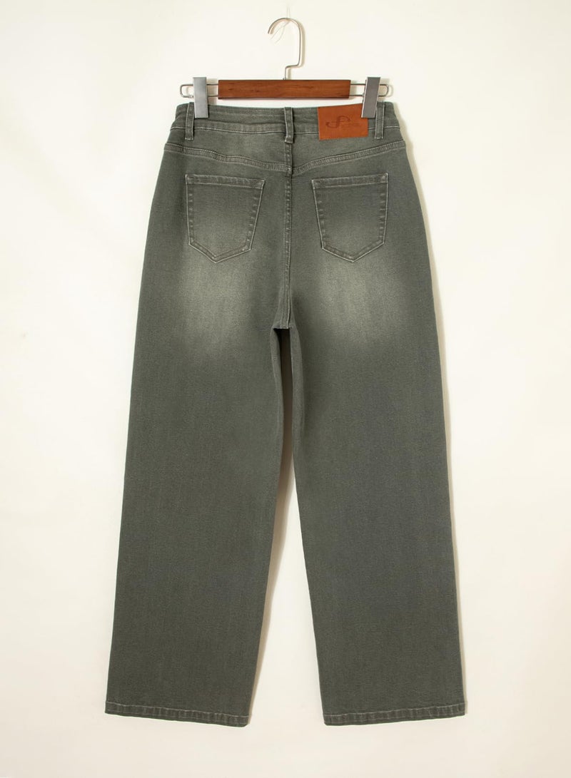 Sidefeel Jeans for Women High Waisted Stretchy Jeans Trendy Loose Fit Straight Wide Leg Denim Pants Green Size 12 - Image 5