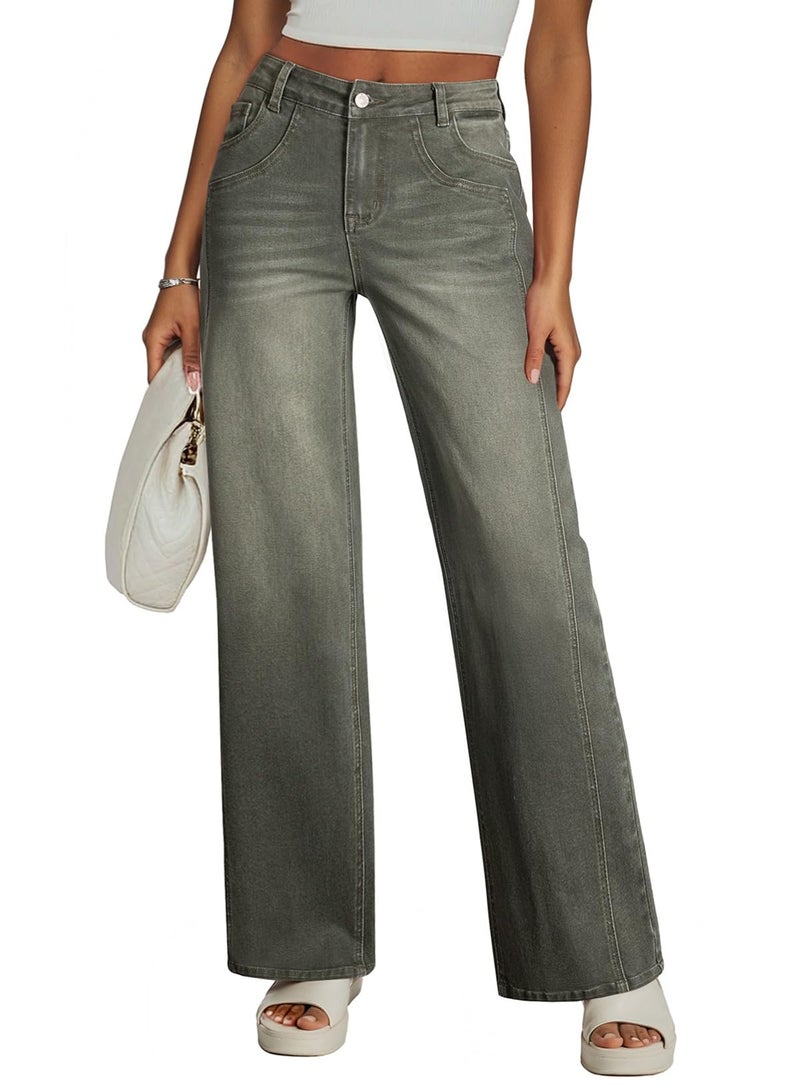 Sidefeel Jeans for Women High Waisted Stretchy Jeans Trendy Loose Fit Straight Wide Leg Denim Pants Green Size 12 - Image 1