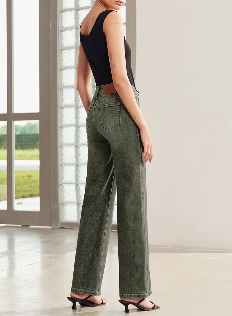 Sidefeel Jeans for Women High Waisted Stretchy Jeans Trendy Loose Fit Straight Wide Leg Denim Pants Green Size 12 - Image 3
