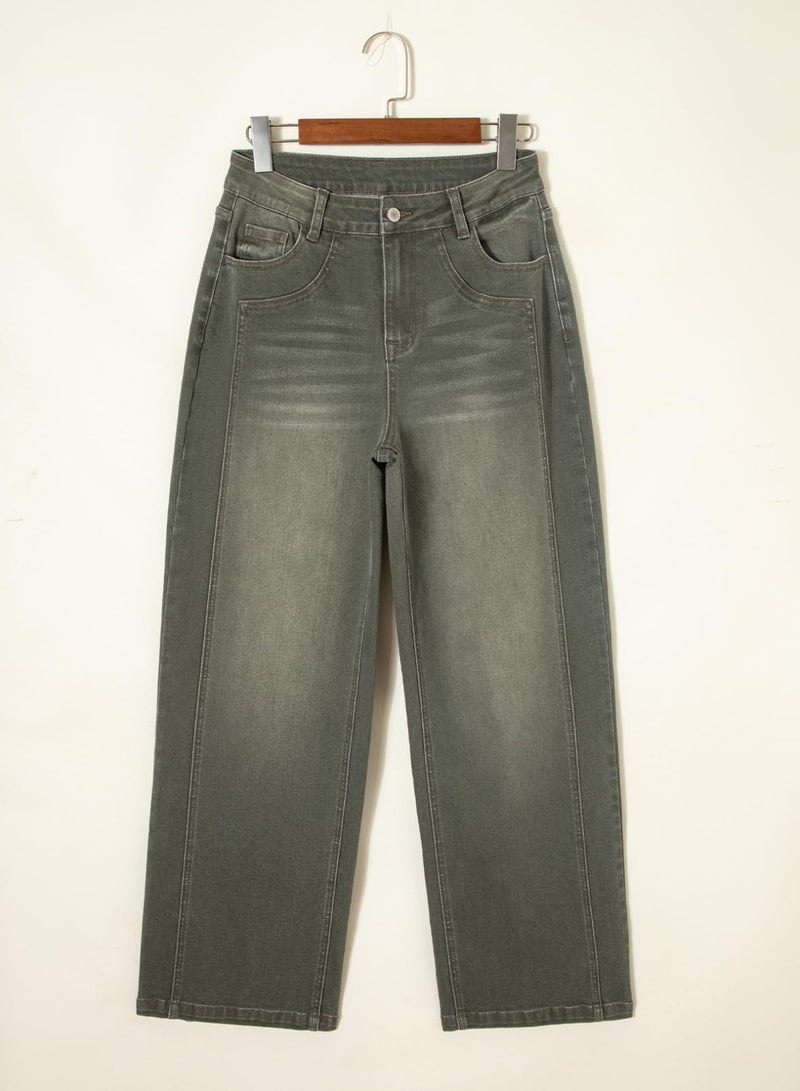 Sidefeel Jeans for Women High Waisted Stretchy Jeans Trendy Loose Fit Straight Wide Leg Denim Pants Green Size 12 - Image 4