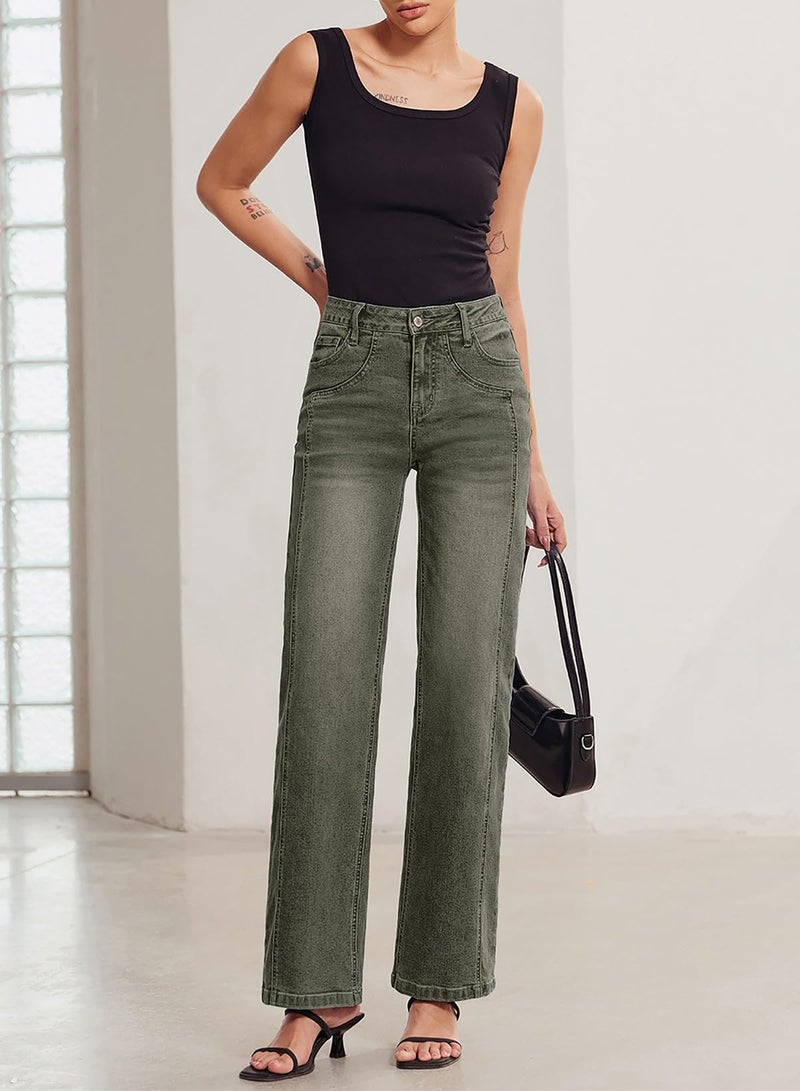 Sidefeel Jeans for Women High Waisted Stretchy Jeans Trendy Loose Fit Straight Wide Leg Denim Pants Green Size 12 - Image 2