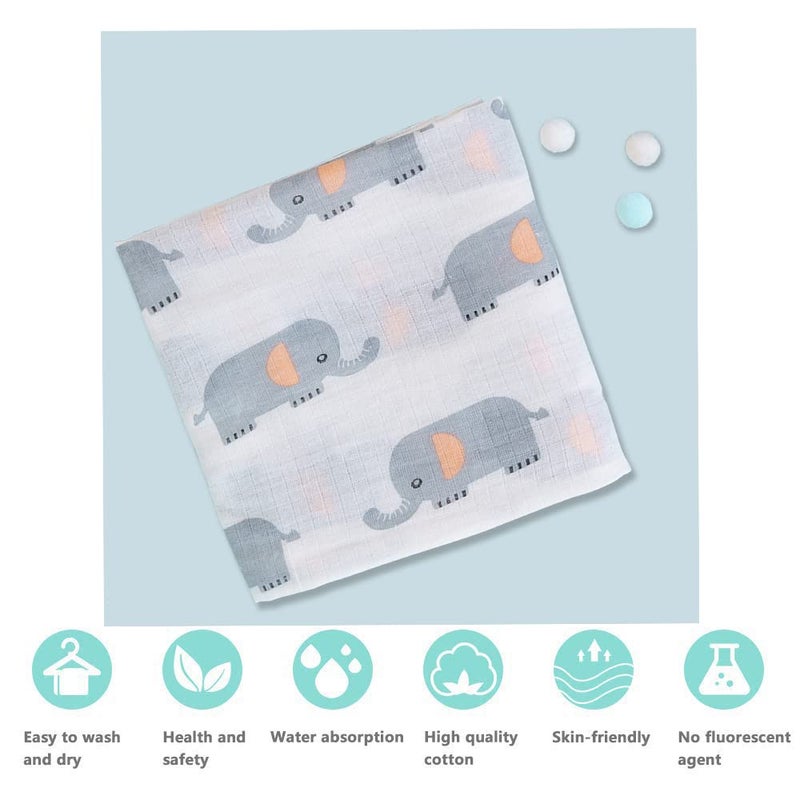 SYGA 110CM Baby Swaddle Flannel Towel 2 Layer Muslin Swaddle Wrap 100% Cotton Printed Towel (Elephant) - Image 5