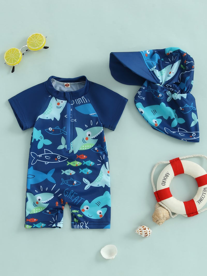 Toddler Boys Rash Guard Swimsuit Playsuits Shark Print Zipper Short Sleeve Sun Protection Bathing Suit with Swim Cap - Image 3