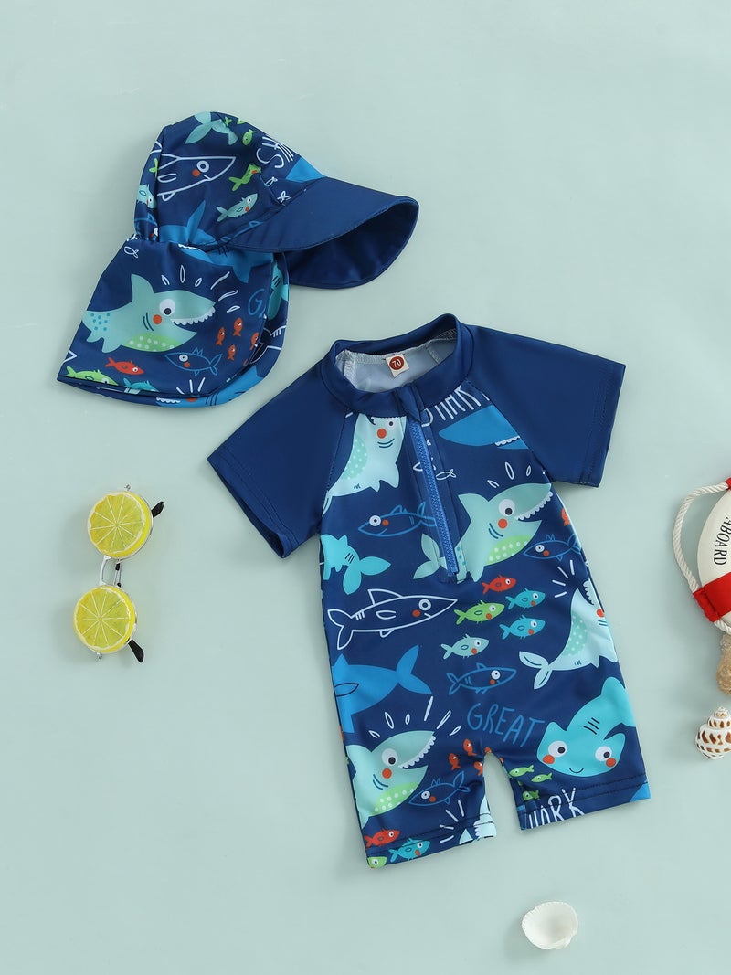 Toddler Boys Rash Guard Swimsuit Playsuits Shark Print Zipper Short Sleeve Sun Protection Bathing Suit with Swim Cap - Image 4