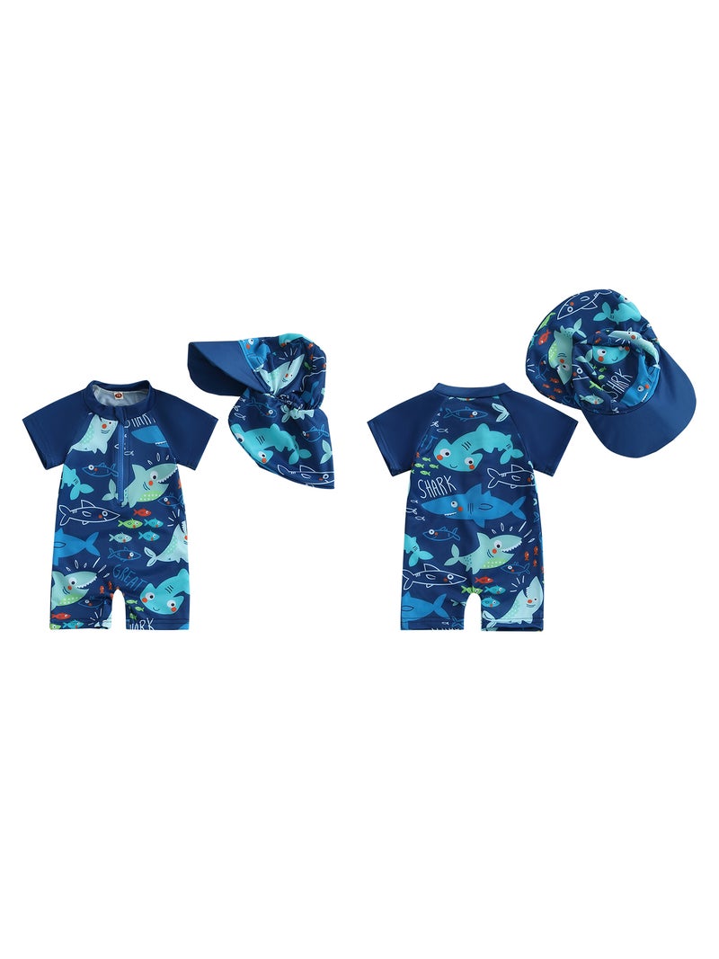 Toddler Boys Rash Guard Swimsuit Playsuits Shark Print Zipper Short Sleeve Sun Protection Bathing Suit with Swim Cap - Image 2
