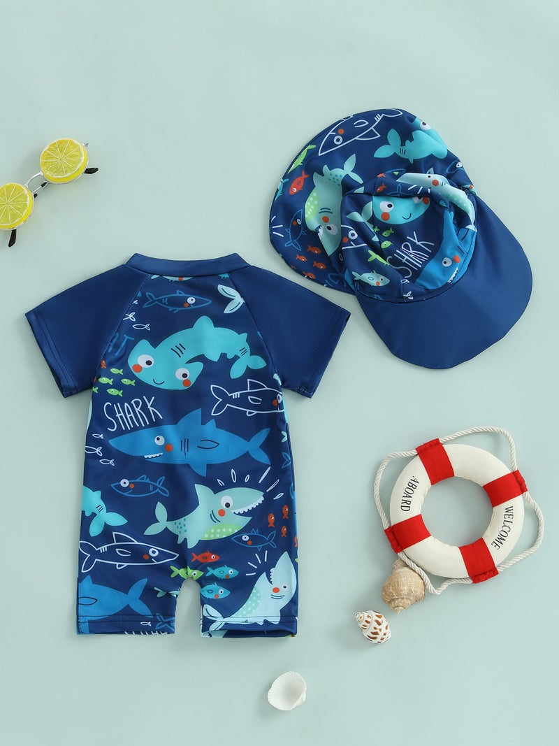 Toddler Boys Rash Guard Swimsuit Playsuits Shark Print Zipper Short Sleeve Sun Protection Bathing Suit with Swim Cap - Image 5