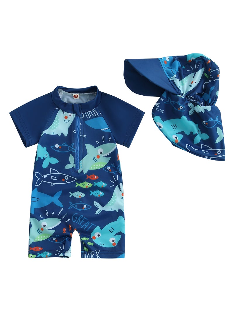 Toddler Boys Rash Guard Swimsuit Playsuits Shark Print Zipper Short Sleeve Sun Protection Bathing Suit with Swim Cap - Image 1