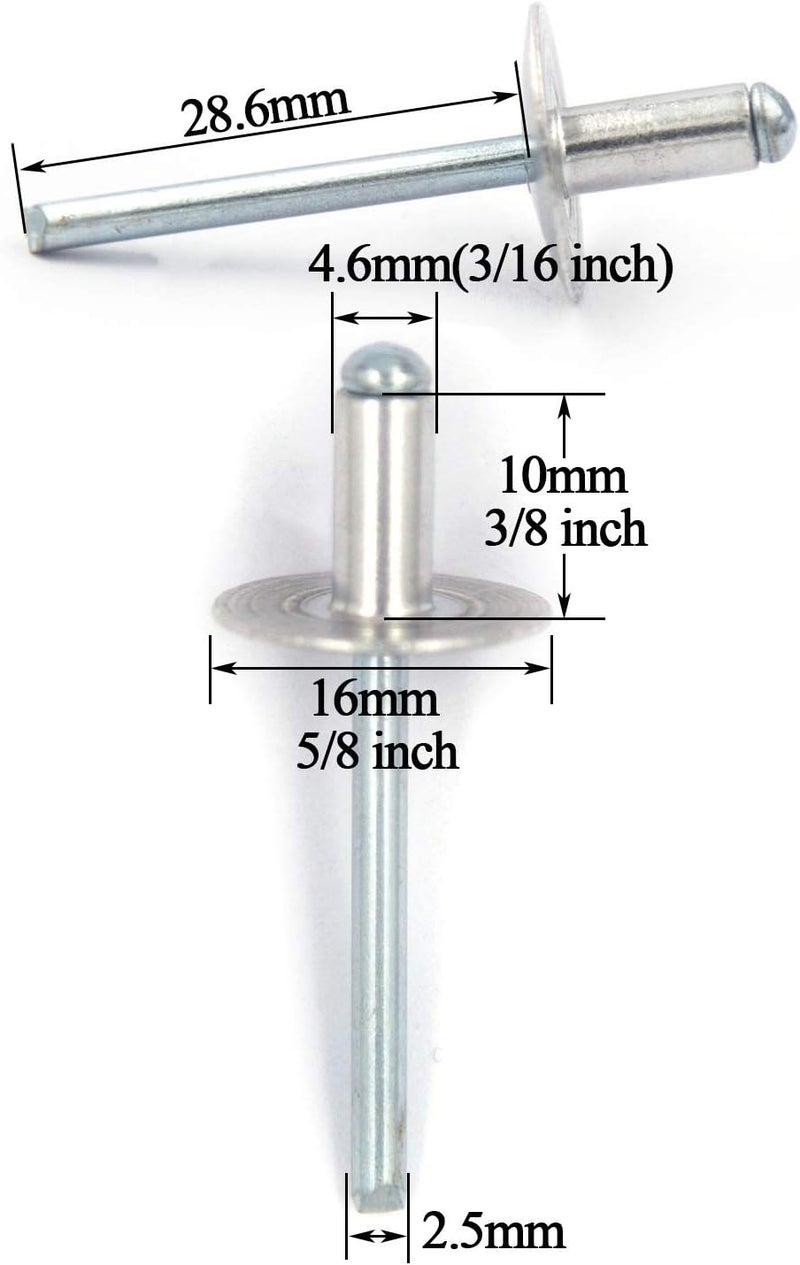 ALLOYPRO 60 pcs Large Flange Blind Rivets, Aluminum,Flange Diameter 5/8" (16 mm),Pop Rivets Assortment Kit Blind Rivet,3/16" x 3/8" Inch,Grip Range(3-6mm) - Image 2