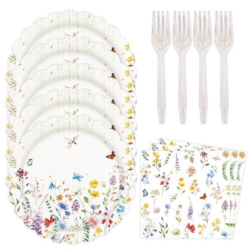 BOKFJBP 48PCS Wildflower Plates and Napkins Party Supplies, Disposable Scalloped Paper Plates Cocktail Napkins Forks Tableware Set for Birthday Wedding Baby Shower Picnic Tea Garden Party Decor 16 Guests - Image 1