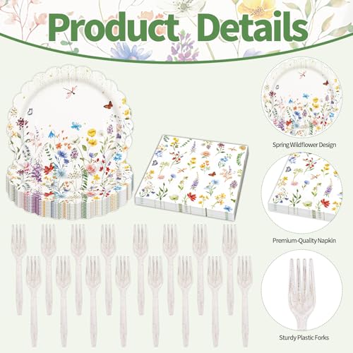 BOKFJBP 48PCS Wildflower Plates and Napkins Party Supplies, Disposable Scalloped Paper Plates Cocktail Napkins Forks Tableware Set for Birthday Wedding Baby Shower Picnic Tea Garden Party Decor 16 Guests - Image 3