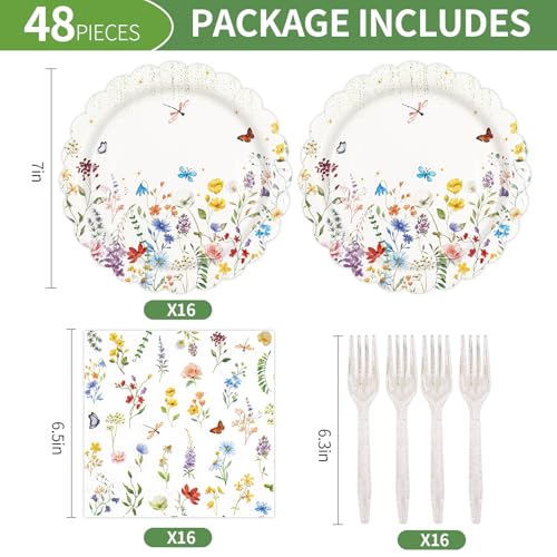 BOKFJBP 48PCS Wildflower Plates and Napkins Party Supplies, Disposable Scalloped Paper Plates Cocktail Napkins Forks Tableware Set for Birthday Wedding Baby Shower Picnic Tea Garden Party Decor 16 Guests - Image 2