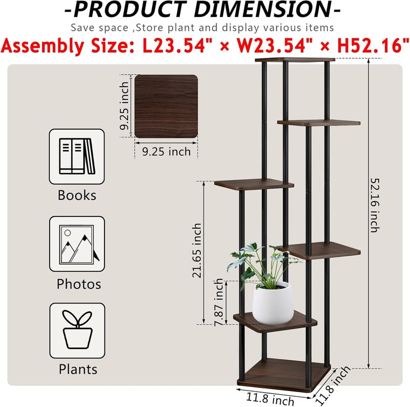 AZERPIAN Plant Stand 6 Tier Indoor Metal Flower Shelf for Multiple Plants Corner Tall Flower Holders for Patio Garden Living Room Balcony Bedroom, Black Oak - Image 3