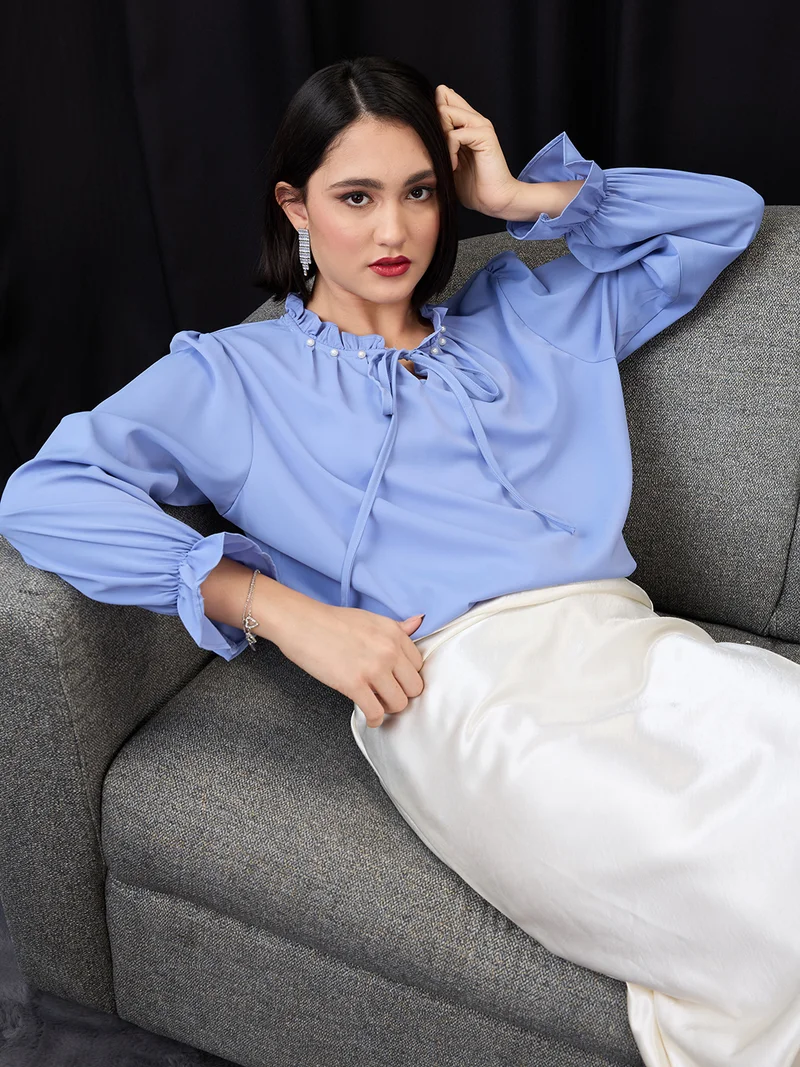 Women Blue Pearl Detail Frilled Tie-Up Neck Bishop Sleeves Workwear Top