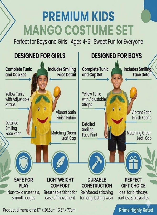 The GrowSome Polyester Mango Fruit Costume For Kids| Fruit Shape Cutout For Childs| Fruits And Vegetables Costume For Babies| Healthy Fruits Dress For Kids (Jumpsuit Not Include) (6-8 Years), Yellow - Image 2