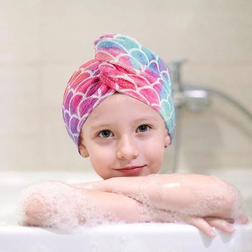 MADHOLLY Fast Drying Microfiber Hair Towel for Kids Women - 3 Packs Soft Super Absorbent Hair Towel Wrap with Button, Anti-Frizz Turban for Thicker Curly Long Hair, Mermaid Pattern Gift for Girls - Image 4