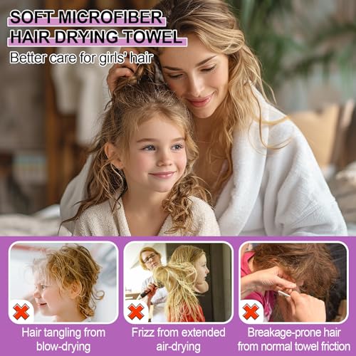 MADHOLLY Fast Drying Microfiber Hair Towel for Kids Women - 3 Packs Soft Super Absorbent Hair Towel Wrap with Button, Anti-Frizz Turban for Thicker Curly Long Hair, Mermaid Pattern Gift for Girls - Image 3