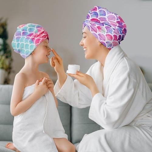 MADHOLLY Fast Drying Microfiber Hair Towel for Kids Women - 3 Packs Soft Super Absorbent Hair Towel Wrap with Button, Anti-Frizz Turban for Thicker Curly Long Hair, Mermaid Pattern Gift for Girls - Image 2