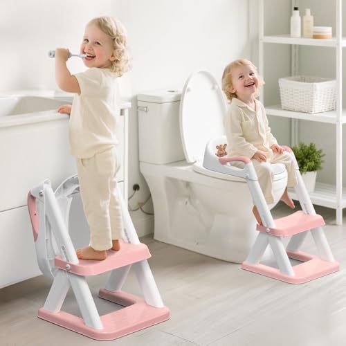 SKYROKU SKYROKU 8868 Potty Training Seat with Step Stool Adjustable Height NonSlip SplashProof Foldable 2in1 Toddler Potty Seat with Armrests and Replaceable Cushion Fits Most Toilets Pink 