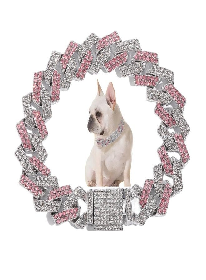 WeimoMonkey Dog Chain Collars, Diamond Necklace Rhinestone Bling Glitter Metal Choke Cuban Link Dog Collar, 14mm Wide Pet Jewelry for Puppy XS Small Medium Large Dogs Cats,Pink (8inch) - Image 1