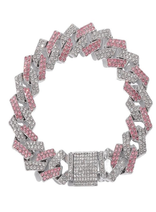 WeimoMonkey Dog Chain Collars, Diamond Necklace Rhinestone Bling Glitter Metal Choke Cuban Link Dog Collar, 14mm Wide Pet Jewelry for Puppy XS Small Medium Large Dogs Cats,Pink (8inch) - Image 2