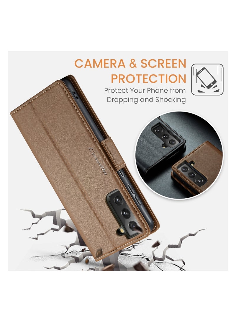 CaseMe Flip Wallet Case For Samsung Galaxy S21 Fe [RFID Blocking] PU Leather Wallet Flip Folio Case with Card Holder Kickstand Shockproof Phone Cover (Brown) - Image 3