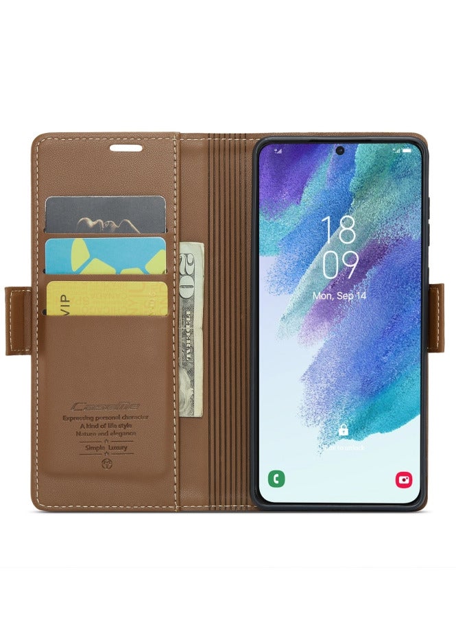 CaseMe Flip Wallet Case For Samsung Galaxy S21 Fe [RFID Blocking] PU Leather Wallet Flip Folio Case with Card Holder Kickstand Shockproof Phone Cover (Brown) - Image 5