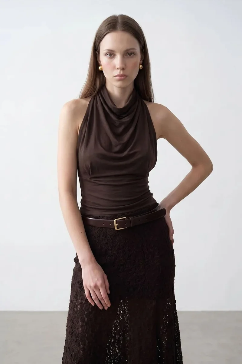 Dilvin Dark Mocha Brown DILVIN Fitted Sleeveless Cowl Neck Blouse for Women | Best Price UAE