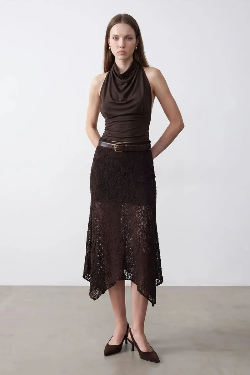 Dilvin Dark Mocha Brown DILVIN Fitted Sleeveless Cowl Neck Blouse for Women | Best Price UAE