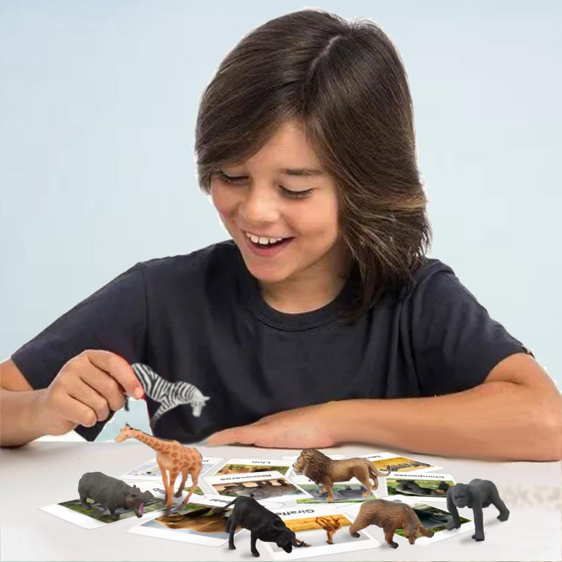 RUSON 12 Safari Animals Figures Toys with 12 Flash Cards  Realistic Mini Jungle Animal Figurines Cake Topper Party Supplies Montessori Animal Matching Game for Toddler Kids - Image 5