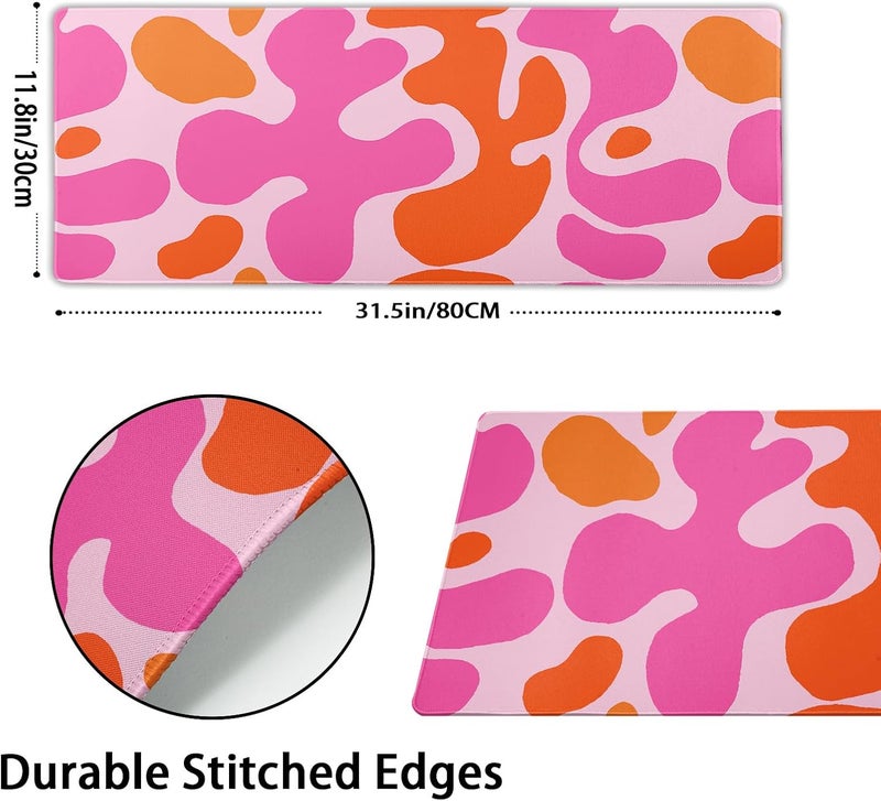 aportt Pink Orange Cute Gaming Mouse Pad XL Kawani Preppy Abstract Modern Geographic Extended Large Desk Mat Mousepad Non-Slip Rubber Base Stitched Edge Long Desk Pad for Desktop Office PC,31.5×11.8 Inch - Image 2