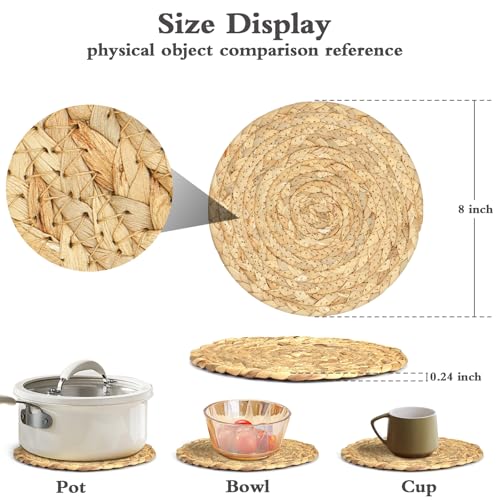 Cazzon Boho Trivets for Hot Dishes, Pots and Pans, Farmhouse Water Hyacinth Hot Pads 8 Inch, Straw Pot Holders for Kitchen, Rustic Braided Heat Resistant Mat, Jute Coasters Set Wicker Decor (Natural 6 Pcs) - Image 2