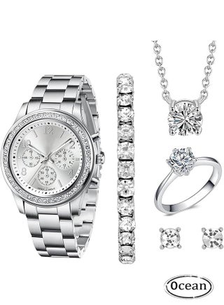 لامع السيدات ساعات هدايا مجموعة مع الماس مزينة سوار قلادة حلقة أقراط فاخرة الموضة الكوارتز معصم المرأة ساعة 5pcs مجموعة - pzsku/Z8124D0722DF6466EA6E3Z/45/1747375868/62e9593f-41eb-4268-9d5f-f8c721e0f213