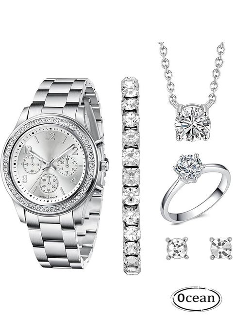 لامع السيدات ساعات هدايا مجموعة مع الماس مزينة سوار قلادة حلقة أقراط فاخرة الموضة الكوارتز معصم المرأة ساعة 5pcs مجموعة