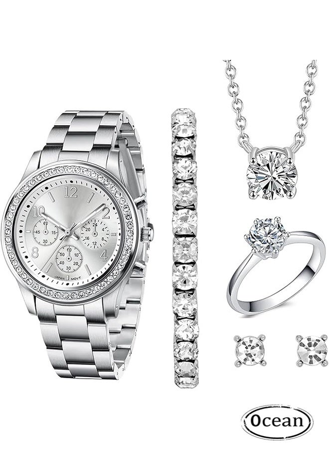 Ocean Shining Ladies Watches Gifts Set with Diamond Decorated Bracelet Necklace Ring Earrings Luxury Fashion Quartz Wrist Womens Watch 5Pcs Set  - Image 1