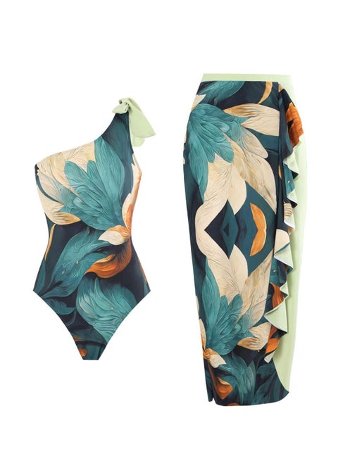 2-Piece Women Swimsuit With Beach Cover Ups Long Wrap Skirt Bathing Suit Swimwear Holiday Beach Dress Female Retro Swimwear Vintage Surf Wear Summer