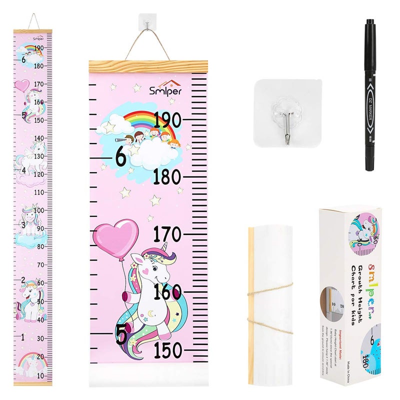 Smlper Growth Chart for Kids,Child Height Chart Ruler for Wall,Wood Frame Fabric Canvas Height Measurement Ruler for Kids Nursery Room,Removable Wall Decor 79"x7.9" - Image 1