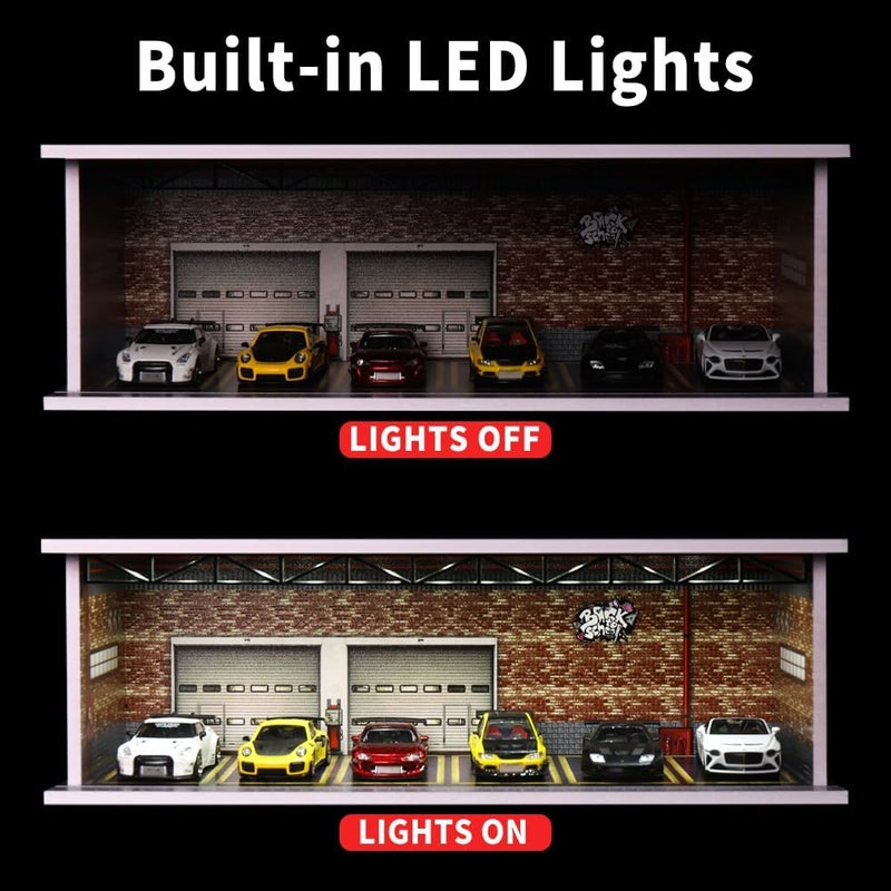 G-FANS 1/64 Hot diecast Wheels Cars Display case - 1/64 Scale Model Cars scenarios Display Box with LED Light and Acrylic Cover, Scenes Parking lot Diorama Storage Garage 6 Parking Spaces (Red Brick) - Image 3