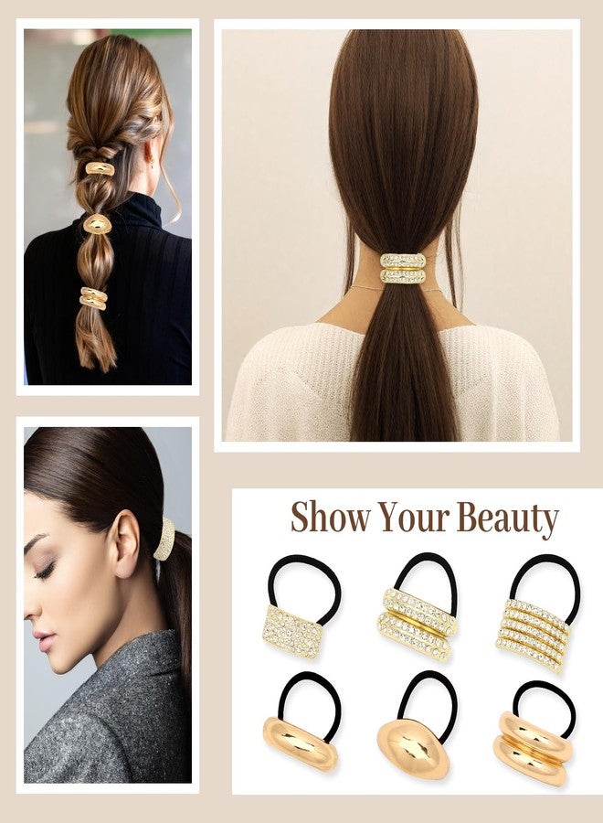 KIUEZIR 6PCS Metal Hair Tie Set - Gold & Rhinestone Hair Accessories for Women, Stylish Hair Ties for Ponytails/Braids - Image 5