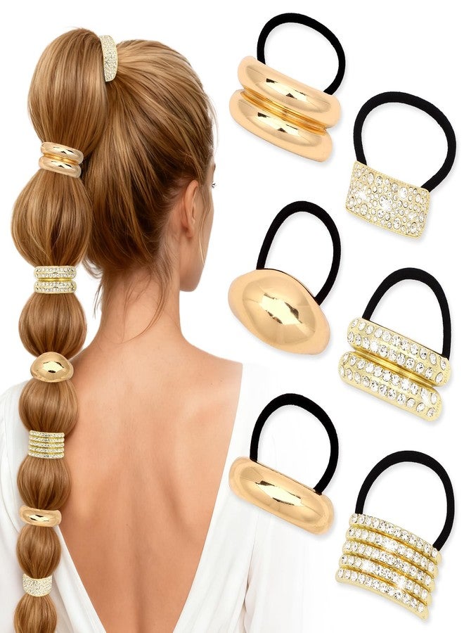 KIUEZIR 6PCS Metal Hair Tie Set - Gold & Rhinestone Hair Accessories for Women, Stylish Hair Ties for Ponytails/Braids - Image 1