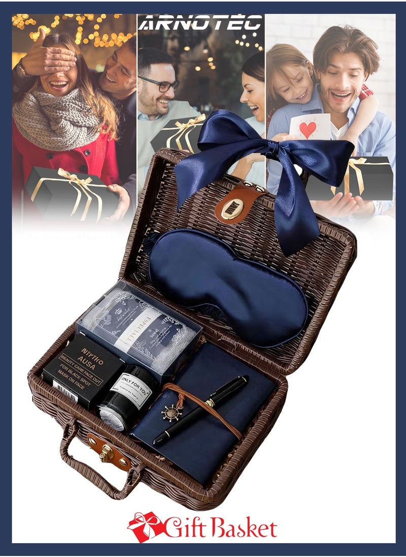 ARNOTEC Luxury Men's Gift Set — Business Retro Rattan Basket Gift Set | Includes Blue Notebook, Vintage Ballpoint Pen, Thai Handmade Soap, Aromatherapy Wax, Towel, Satin Eye Mask | Perfect for Weddings, Birthdays, Business Gifts  - Image 1