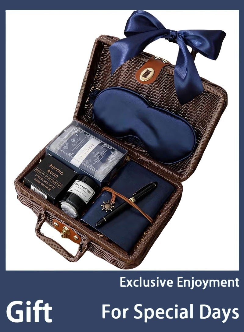 ARNOTEC Luxury Men's Gift Set — Business Retro Rattan Basket Gift Set | Includes Blue Notebook, Vintage Ballpoint Pen, Thai Handmade Soap, Aromatherapy Wax, Towel, Satin Eye Mask | Perfect for Weddings, Birthdays, Business Gifts  - Image 1
